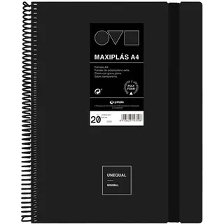 Grafoplas | A4-Kunststoff-Hüllen | 20 transparente Einlagen | starre Polyfoam-Einband | robust und ultraleicht | Farbe Schwarz | PVC-Spirale | Minimal | Perfekt für Dokumente