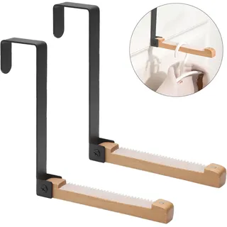 VOSSOT Türhaken Ohne Bohren 2 Stück Klappbar Garderobenhaken Schwarz | Faltbare Türhaken aus Metall und Holz für Kleidung, Handtücher und Taschen, passend für Türen bis 4.5 cm