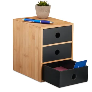 Relaxdays Schreibtisch Organizer, 3 Schubladen, Bambus & MDF, Schreibtischbutler Büro, HBT: 21x15x20 cm, Natur/schwarz