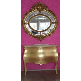Casa Padrino Luxus Barock Waschtisch mit cremfarbiger Marmorplatte und rundem Spiegel Gold, 124x54x92 cm - Gold
