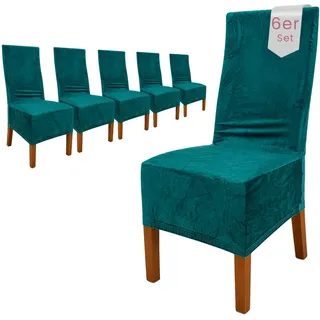 Scheffler Home Stuhlhussen Samt Türkis 6er Set Puma – Elastische Stuhlbezüge für Hochlehner und Polsterstühle – Waschbar und formstabil