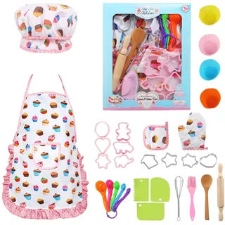 LEADSTAR Kinder Backset - Kochschürze Mädchen Kinderschürze Chef Set Kochset Kinder Küchenspielzeug Kochen Geschirr Spielen Rollenspiele Küche Spielzeug Geschenk mit Kochmütze, 30 Stück