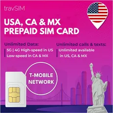 travSIM USA, Canada Mexico SIM Karte | T-Mobile-Netzwerk | 50 GB Daten für die USA, 5 GB für Kanada und Mexiko | Unbegrenzte Inlandsgespräche und SMS | Gültig für 21 Tage