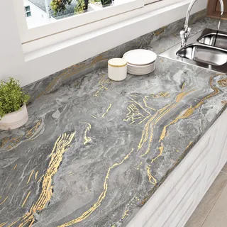 HotDecor Tapete Grau Gold Klebefolie Möbel Marmor Folie für Tisch Schrank Abwaschbare Küchentapeten Dekofolie Marmor Möbelfolie Grau Gold Selbstklebend Klebefolie Arbeitsplatte Küche 60cm X 300cm
