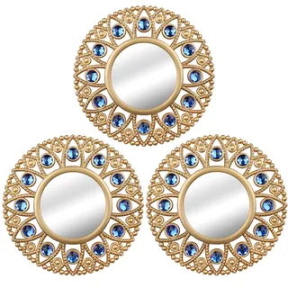 DXYAKY Goldene runde Wandspiegel, 3er-Set, kunstvolle dekorative Spiegel mit blauen Kristallakzenten, 24,9 cm, Vintage-Boho-Wanddekoration für Wohnzimmer, Schlafzimmer, Eingangsbereich