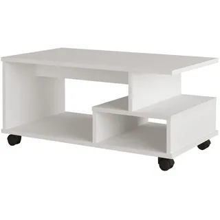 Hanah Home Stilvoller weißer Couchtisch, 90 x 51 x 42,5 cm | 100% melaminbeschichtete Spanplatte, 18 mm stark | Rollen für einfache Mobilität