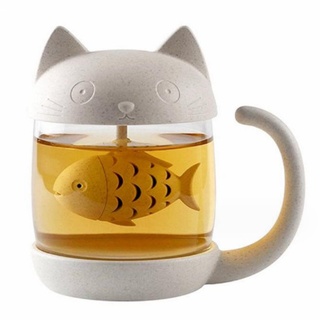 OFKPO Katze Glas Tee Becher, Wasser Flasche mit Fisch Tee Infuser Sieb Filter, Tee Infuser Teetasse mit Tee-Ei in Fischform, Teetasse aus Glas Tassenteesieb 250ml