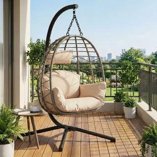 Garvee Hängesessel aus Rattan mit Metallgestell – klappbar, wetterfest, bis 150 kg belastbar, inkl. schwarzer Abdeckung – Outdoor & Indoor Ei-Schaukelstuhl für Garten, Balkon, Terrasse – Graues Rattan