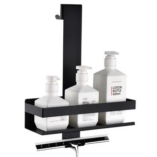 HomeHeng Duschablage zum Hängen,Edelstahl Duschkorb Hängeregal,Mattschwarz Duschregal Shampoo Halterung mit Haken für Glas-Duschabtrennung,H30MB-1DH