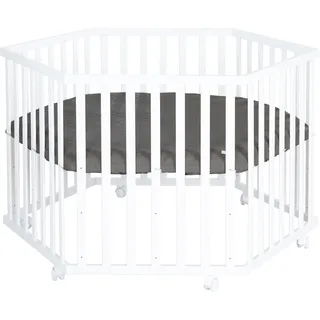 roba Laufgitter 6-eckig aus Holz weiß - Laufstall für Babys mobil mit Rollen & Schutzeinlage Graphite gesteppt aus veganem Leder - Schutzgitter höhenverstellbar