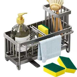 SDKZBFC Spülbecken Organizer Küchen,Spüle Tidy Kitchen mit Bürstenhalter und selbsttätiger Abtropfschale,Wasserhahn Schwammhalter für die Küche,Abfluss Schwammablage, waschbecken Organizer küche