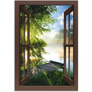 ARTland Wanddeko Wandbild Alu Verbundplatte für Innen & Outdoor Bild Fensterblick Fenster Landschaft Wald Natur See Angelsteg Sonne Frühling T1DZ