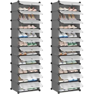 Songmics Schuhregal, Steckregal, Regalsystem, Schuh-Organizer, DIY-Regal, mit Tür, aus PP-Kunststoff, 10 Ebenen, grau LPC010G01