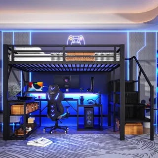 Flieks Etagenbett 140x200cm mit Schreibtisch und Ablagen, Jugendbett Hochbett mit Usb & Led, Kinderbett Stockbett mit Treppe, Metallbett Schwarz - Schwarz