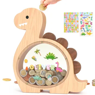 Summidate Dinosaurier Sparschwein aus Holz für Kinder und Jungen, süße Dino Spardose aus Holz für Kleinkinder, kreatives Sparschwein, personalisiertes Geschenk für Kindergeburtstag und Dekoration