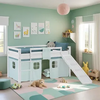 Homestyle4u Hochbett 90/200 cm Weiß Rutsche Mint / Kiefer , Mintgrün, Weiß , Textil , 90x200 cm , Babymöbel & Kindermöbel, Kinderzimmer & Jugendzimmer, Kinderbetten, Hochbetten