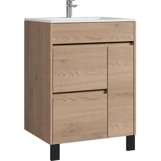Badplaats Badmöbel Set mit Waschbecken und Unterschrank Salzburg 60 x 47 cm Kastanien Eiche - Stehende Waschbeckenunterschrank mit Soft-Close und Waschbecken, Vormontiert - Braun
