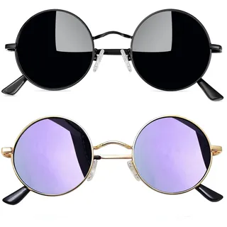 Joopin Runde Sonnenbrille Herren Polarisiert Retro Vintage Damen Sonnenbrille Rund Violett Sonnenbrille Dunkle Schwarz 2 Pack (Voll Schwarz und Gold Violett)