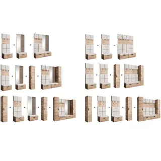 Garderobe MARGARET III, Farbe: Weiß + Grau , mit gepolsterten Paneelen, Spiegel und Kleiderhaken - Weiß, Grau