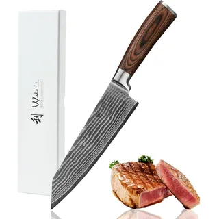 Wakoli EDIB Kiritsuke Messer aus echtem Damaststahl (VG10 Kern) mit 20 cm Klinge – Scharfes Küchenmesser und präzises Kochmesser für alle Schnitte – Damastmesser mit Pakkaholzgriff in Geschenkbox