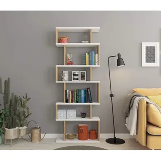Hanah Home Stylish Wall-Mounted Bookshelf, White & Oak, 60 x 19.6 x 160 cm | 100% Melamine Coated Particle Board, 18 mm Thick | Space-Saving Design with Numerous Shelves