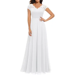 Abendkleid Lang Damen Elegant für Hochzeit v Ausschnitt Kurzarm A Linie Chiffon Festlich Maxi Kleid Ballkleider Mit Spitzen Ärmeln Brautjungfernkleider Cocktailkleid Spitzenkleid