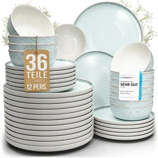 Steingut Geschirrset 12 Personen Ibiza 36 tlg. TESTSIEGER, Traumhaftes Mediterranes Steingut Geschirr Set, Schüssel- und Teller Set, Tafelservice 12 Personen, Geschirrsets Pure Living in Blau-Beige