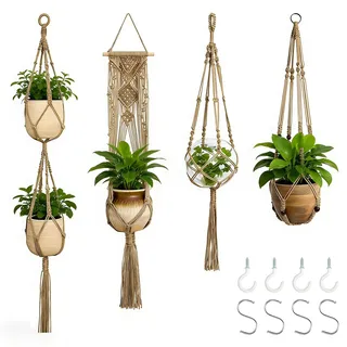 4 Stück Makramee Blumenampel - Boho Blumenampel Hängend Innen, Baumwollseil Hängeampel Blumentopf, Pflanzen Hängepflanzen Topf, Blumentopf Hängend für Innen Außen Decken Balkone Wanddekoration, Braun