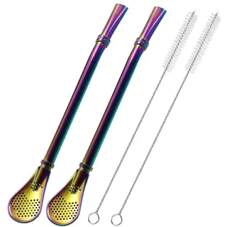 Edelstahl-Trinkhalme mit Filterlöffel, 2 Stück, Teestrohhalme, Mate Bombilla, Kaffee-Rührstab für Eistee, Cocktail, mit 2 Reinigungsbürsten (bunt)