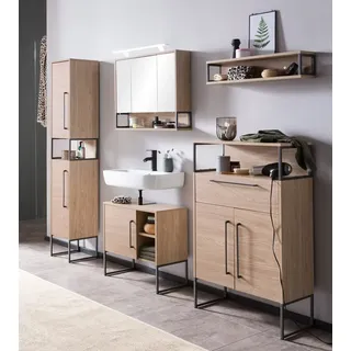 Badezimmer Set LIMOGES-80 in Eiche hell Nb. mit LED Spiegelschrank, B/H/T: ca. 186/190/33,1 cm - Braun