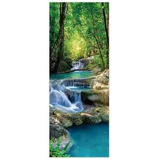 TüRtapete Selbstklebend TüRposter TüRaufkleber Tapete, Wandaufkleber für Schlafzimmer, Heimdekoration, wasserdicht, abnehmbares Premium Vinyl Upgrade, Wald, Wasserfall, Bach, grüner Baum