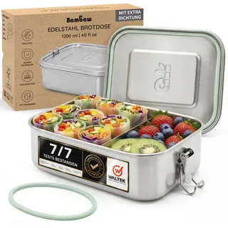 Bambaw Edelstahl Lunchbox 1200ml, Brotdose Erwachsene und Kinder mit Fächern, Bento Box Plastikfrei, Brotzeitbox Auslaufsicher, Spülmaschinenfest, Jausenbox, Brotdose Metall, Lunchbox Edelstahl