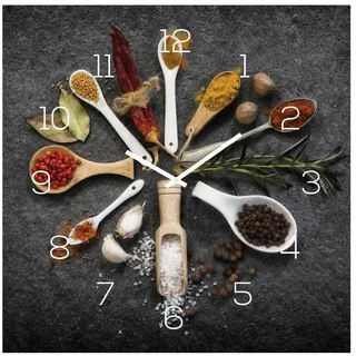 levandeo Wanduhr Glas 30x30cm Uhr Glasbild Gewürze Küche Kräuter Wanddeko Glasuhr