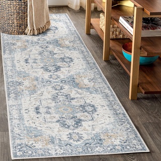 TOPICK Blau Läufer Flur Floral Teppich Waschbar Superdünne Vintage Blumenteppich Kurzflor Orientalischer Lang Küchenteppich Schlafzimmer Wohnzimmer Esszimmer Büro Faltbar Teppichläufer 60x300cm