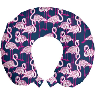 ABAKUHAUS Tiere Reisekissen Nackenstütze, Cartoon Exotische Flamingos, Schaumstoff Reiseartikel für Flugzeug und Auto, 30x30 cm, Rosa und Dunkelblau - Rosa