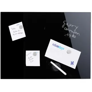 Relaxdays Magnettafel, beschreibbar, inkl. 3 Magnete , Stift, abwischbar, rahmenlos, Magnetboard Glas, 100x60cm, schwarz
