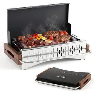 COSTWAY Holzkohlegrill klein, Tischgrill klappbar, Campinggrill mit 2 verstellbaren Grillhöhen, Reisegrill Kohlegrill Minigrill 50,5x33,5x6,5cm - Schwarz