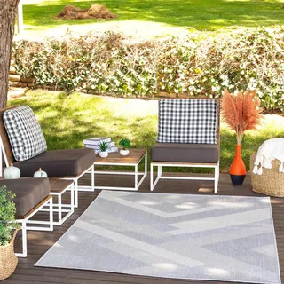 Livabliss Outdoor Teppich wetterfest, Tekeli - In und Outdoor Teppich für Balkon 160x213 cm, Terrasse, Garten, Küche - Outdoor Teppich Boho Style, Teppich für draußen - Teppich Grau und Elfenbein