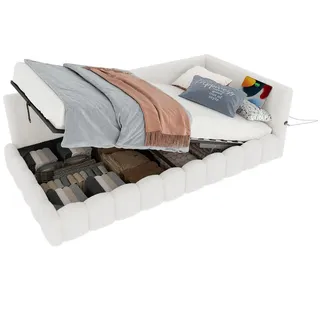 Redom Tagesbett 90/200 cm mit LED-Lichtleiste, Usb, Typ-C und hydraulischem Bettkasten aus Vliesimitat, Weiß , Textil , 90x200 cm , Schlafzimmer, Betten, Polsterbetten