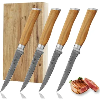 Wakoli Olive HS 4-teiliges Steakmesser Set Damaststahl (VG10 Kern) in Holzbox – 4x Steakmesser mit 12,5 cm Klinge – Scharf & ergonomisch – Damastmesser Set mit Olivenholzgriffen für Steak & Braten
