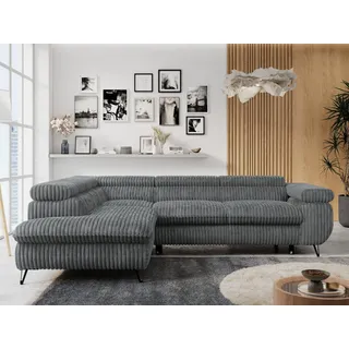 MKS Meble Ecksofa Sofa Grau, Wohnlandschaft L-Form mit Schlaffunktion und Bettkasten, Schlafsofa mit Bettkasten, Sofa mit Einstellbare Kopfstützen, Peter L ... Dunkelgrau