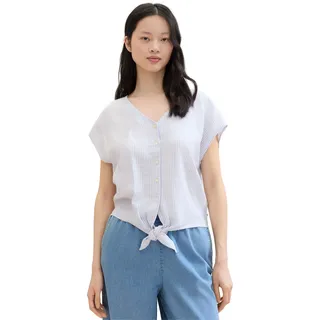 TOM TAILOR Denim Damen Bluse mit Knotendetail und Leinen-Anteil, light blue white small stripe, M
