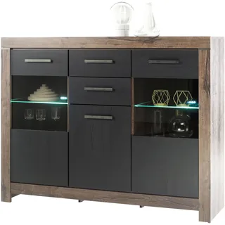 HBZ BALIN Highboard mit LED-Beleuchtung in Canyon-Eiche Optik, Schwarz-Eiche Optik - Moderner Wohnzimmerschrank mit viel Stauraum für Ihren Wohnbereich - 160 x 125 x 45 cm (B/H/T)