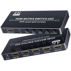 HDMI Matrix Switcher 4x2 mit Multiview, Bolaazul 4K HDMI Multi-Visor Quad Multi-Viewer Dual Monitor 4K HDMI 4 in 2 Out Multiviewer mit IR-Fernbedienung