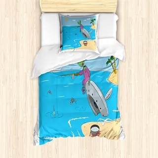 ABAKUHAUS Außerirdischer Bettbezug Set für Einzelbetten, Monster Fischen im Meer, Milbensicher Allergiker geeignet mit Kissenbezug, 135 cm x 200 cm - 80 x 80 cm, Himmelblau und Multicolor - Himmelblau