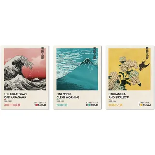 ARTFAVES® Poster Set - Art Galerie Hokusai - 3-teilige Bildercollage Wohnzimmer, Schlafzimmer - moderne Wandbilder Kunst, Katsushika Hokusai, Welle - 30x40 cm - ohne Rahmen