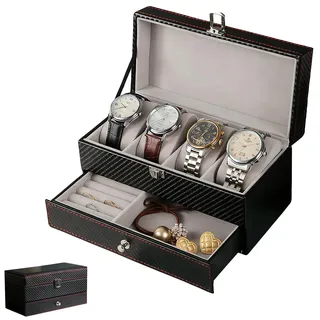 Uhrenbox, Herren-Schmuckkästchen, Uhrenbox für Herren mit Kohlefaser-Textur, Uhrengehäuse mit 4 Fächern und Schublade zur Aufbewahrung von Uhren und Schmuck, abschließbare Organizer-Box