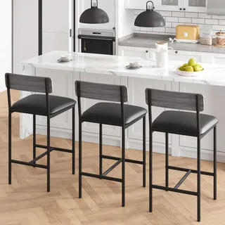 IDEALHOUSE Gepolsterte Barhocker 2er-Set Mit Rückenlehne und Fußstütze | 65 cm Sitzhöhe, stabile Metallkonstruktion – Komfortabel für Küchentheke, Kücheninsel oder Esszimmer – Farbe Grau, Zwei Stück