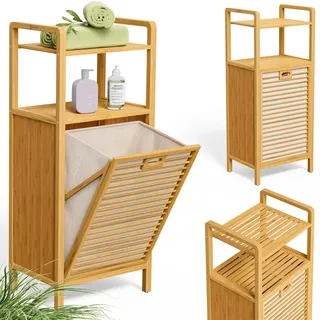 CASARIA® Badregal mit Wäschekorb 40L | Bambus, Wäschesammler, 96x40x30cm, Wäschesack Herausnehmbar, Regal, 2 Ablagen, Holz, Wäschebox, Badezimmer