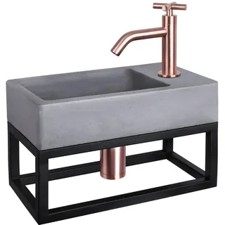 Differnz Force Waschbecken mit Handtuchhalter - Waschtisch Dunkelgrau Beton - Gebogene Armatur mit Kreuzgriff Rotkupfer - Komplettset - 40 x 22 x 8 cm